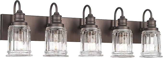 5 Light Bathroom Vanity Light - HWH Farmhouse Vanity Lights for Bathroom Wall Light Fixtures Over Mirror Oil-Rubbed Bronze, Bell-Shaped Fluted Clear Glass, 5HZG106B-5W ORB