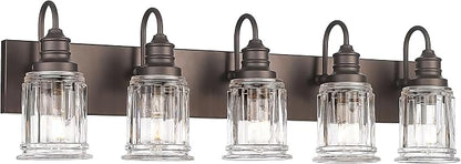 5 Light Bathroom Vanity Light - HWH Farmhouse Vanity Lights for Bathroom Wall Light Fixtures Over Mirror Oil-Rubbed Bronze, Bell-Shaped Fluted Clear Glass, 5HZG106B-5W ORB