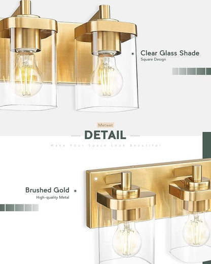 5-Light Brushed Gold Bathroom Vanity Light, Square Clear Glass Shade | Ideal for 34-46" mirrors, 30.5" modern bathroom light fixtures over mirror, E26 base, bulbs not included, VL194-BG-5