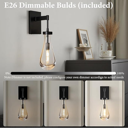 Raindrop Brass Crystal Wall Sconce: Set of 2 Clear Solid Indoor Sconces with Bulbs - Dimmable Vanity Lamp - Luxury Modern Black Light Fixtures for Bedroom Living Room Bathroom Hallway Bedside Lighting