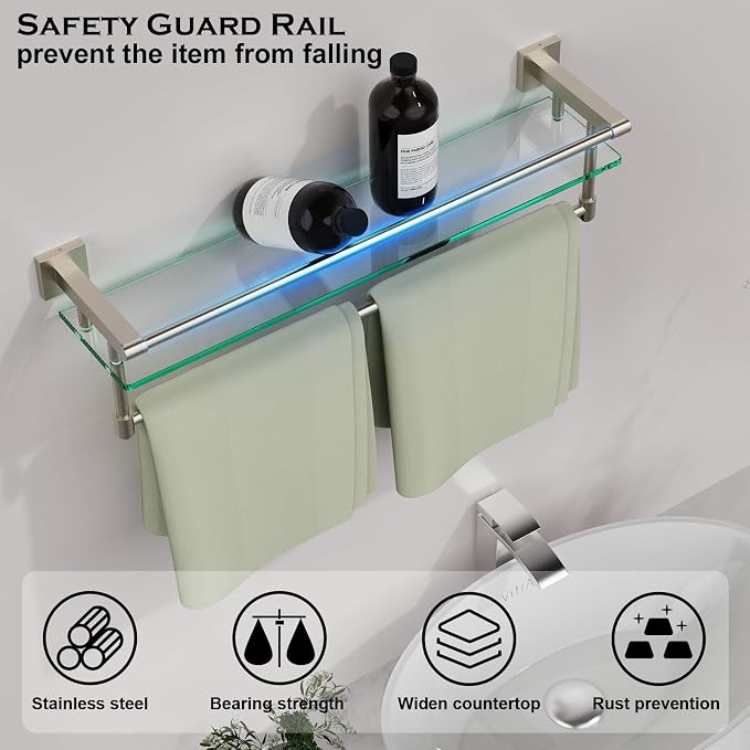 24-Inch Modern Wall-Mounted Bathroom Glass Shelf with 1 Shelf, Brushed Nickel, 1 Towel Bar, 45 lbs Weight Capacity