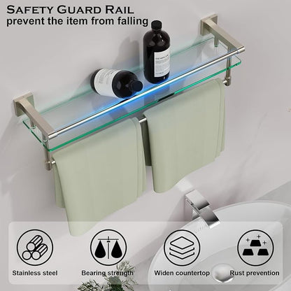 24-Inch Modern Wall-Mounted Bathroom Glass Shelf with 1 Shelf, Brushed Nickel, 1 Towel Bar, 45 lbs Weight Capacity