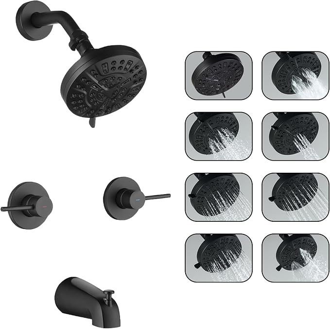 2 Handle Shower Faucet Set with Tub Spout Matte Black Two Handles Shower Faucet Set Bathtub Shower Faucet Combo, Wall Mount