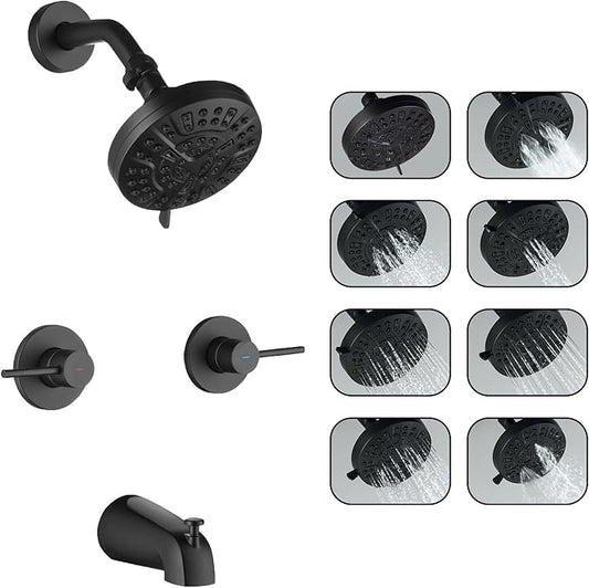 2 Handle Shower Faucet Set with Tub Spout Matte Black Two Handles Shower Faucet Set Bathtub Shower Faucet Combo, Wall Mount