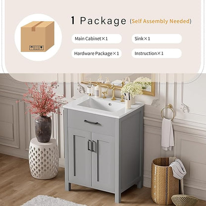 24" Bathroom Vanity with Sink, Modern Bathroom Vanity 24 Inch with Sink, 24 Bathroom Sink Vanity with Flip Drawer, Cabinet and Door Shelves, 24" Vanity with Sink for Bathroom (Grey)
