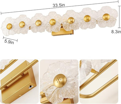 MantoLite Bathroom Light Fixtures Modern Vanity Light Over Mirror Adjustable 3000K-6000K Picture Lights Art Light with Floral Clear Glass Shades for Living Room Bedroom Wall Sconces (7 Light Gold)