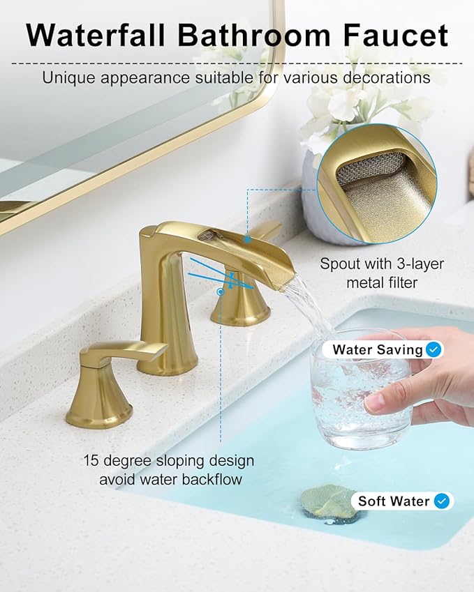Fapully Bathroom Faucet 3 Hole, Polished Brushed Gold Waterfall 8 Inch Widespread Bathroom Sink Faucet with Pop-up Drain, Two-Handle Faucet for Bathroom Sink