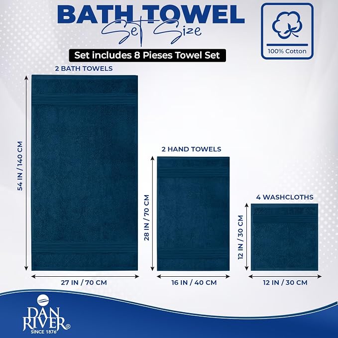 DAN RIVER 8 Piece Luxury Bath Towels for Bathroom, Towel Set, Blue Opal | 2 Bath towels, 2 Hand towels, and 4 Wash Cloths, 600 GSM 100% Ring Spun Cotton, Highly Absorbent, Gym, Hotel, guest, and Spa