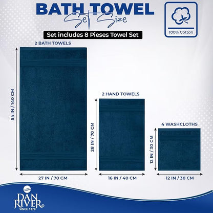 DAN RIVER 8 Piece Luxury Bath Towels for Bathroom, Towel Set, Blue Opal | 2 Bath towels, 2 Hand towels, and 4 Wash Cloths, 600 GSM 100% Ring Spun Cotton, Highly Absorbent, Gym, Hotel, guest, and Spa