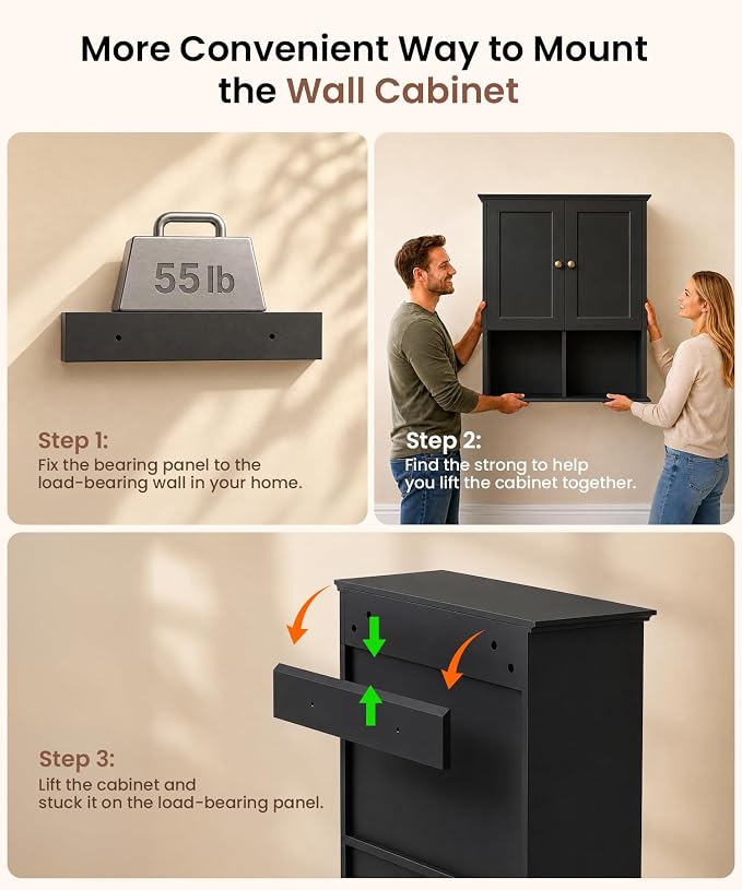 HAIOOU 23.6 inch Bathroom Wall Cabinet with Motion Sensor Light - Black | Wall Mount Medicine Cabinet with Recessed Panel Doors, Adjustable Glass Shelf, Soft Close Hinges for Over the Toilet Storage