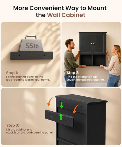 HAIOOU 23.6 inch Bathroom Wall Cabinet with Motion Sensor Light - Black | Wall Mount Medicine Cabinet with Recessed Panel Doors, Adjustable Glass Shelf, Soft Close Hinges for Over the Toilet Storage