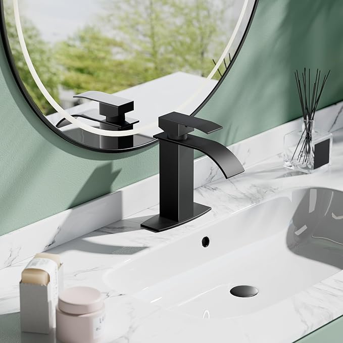 Hoimpro Black Waterfall Bathroom Faucet with cUPC Supply Lines, Single Handle Bathroom Sink Faucet with Pop-up Drain, Rv Vanity Vessel Faucet with Deck Plate, Matte Black, 1 or 3 Hole