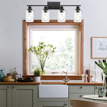 MELUCEE 4-Light Black Bathroom Vanity Light with Clear Hammered Glass | Wall Light Fixture Modern Wall Sconces Lamp for Powder Room Bedroom Kitchen Porch (Patent No.: US D963914 S)