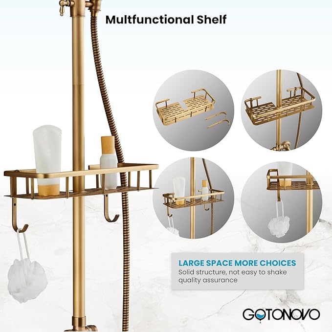 gotonovo Antique Brass Exposed Bathroom Shower Faucet with Shower Shelf 8 inch Rain Shower Head Double Cross Handle With Adjustable Handheld Sprayer Shower Shower System 2 Functions Wall Mounted