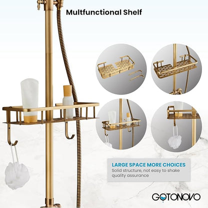 gotonovo Antique Brass Exposed Bathroom Shower Faucet with Shower Shelf 8 inch Rain Shower Head Double Cross Handle With Adjustable Handheld Sprayer Shower Shower System 2 Functions Wall Mounted