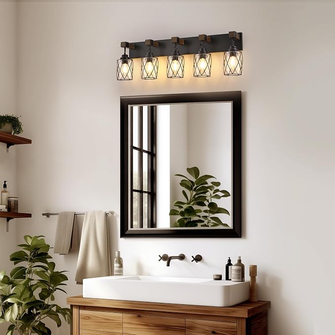 Bathroom Light Fixtures,Farmhouse Black Metal with Glass Shade | 5 Light Rustic Vanity Lights, Wood Accent Wire Cage Design, Mounts Over Mirror, Ideal for Bedroom & Hallway,Easy to Install