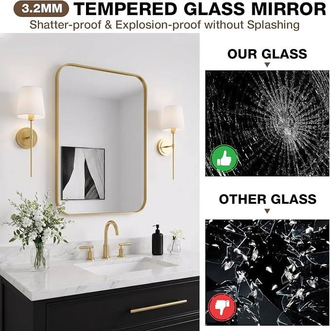 24"x30" Bruhed Gold Rectangle Vanity Bathroom Mirror, Set of 2 | Aluminum Alloy Frame, Clear Reflection, Rust-Resistant, Vertical or Horizontal, Wall Mount, Bedroom and Entryway