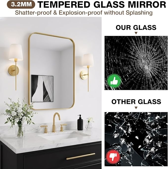 24"x36" Bathroom Mirror for Over Sink, Brushed Gold Rectangle Vanity Mirror | Aluminum Alloy Frame, Clear Reflection, Rust-Resistant, Vertical or Horizontal, Wall Mount, Bedroom and Entryway