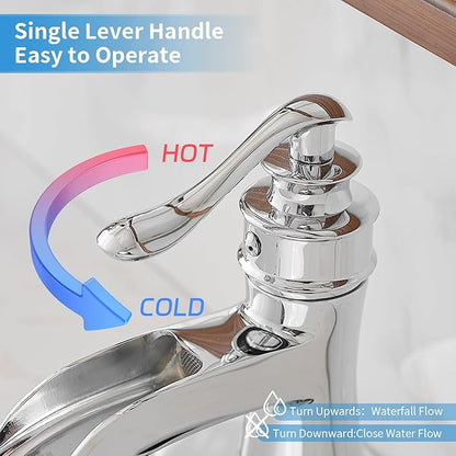 BWE Chrome Bathroom Faucet Waterfall Sink Vanity Single Hole Faucets Restroom Bath One Handle Basin centerset with Pop Up Drain Stopper Mixer Tap Overflow Supply Line