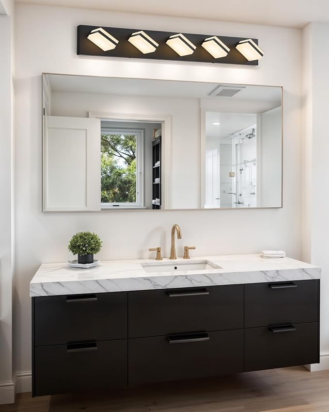 VONLUCE LED Modern Bathroom Vanity Light Fixture, Matte Black | 34'', 5-Light, 3CCT, 360° Rotate, High CRI, Flicker-free, Dimmable, Memory Function, Waterproof IP44, Easy Installation