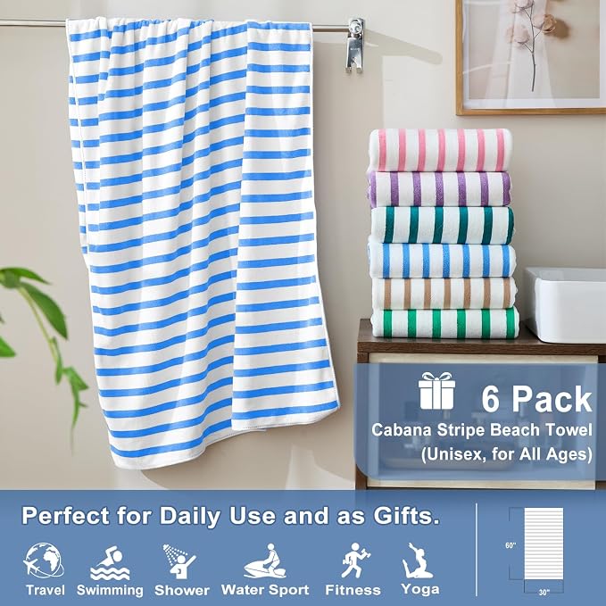 JML Microfiber Beach Towels, 6 Pack, 30" x 60", Stripe Blue and White | Hanging Loop,Soft, Absorbent, Quick Dry, Lint-free, No Fading Bath Towel for Summer Swimming Pool Party