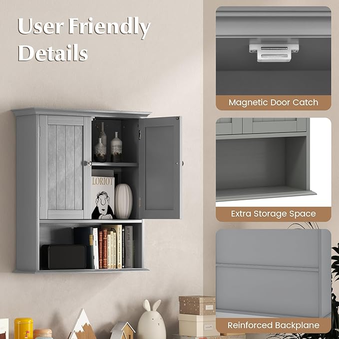 Giantex Wall Mounted Medicine Cabinets - Above Toilet Bathroom Cabinet with Adjustable Shelf, Open Shelf, Over The Toilet Space Saver Storage Cabinet for Laundry Room, Kitchen, Cupboard (Gray)