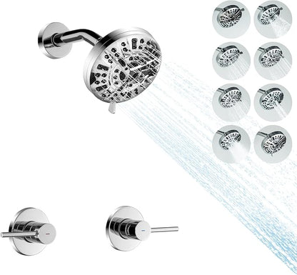 Chrome 2 Handle Shower faucet Set with 8 Mode Shower Head, Two Handles Bathroom Shower Faucet Trim Kit with Brass Rough-in Valve, Wall Mounted
