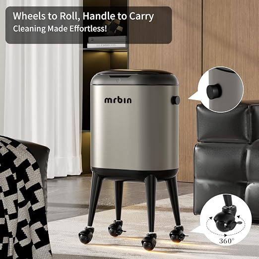 MRBIN Stainless Steel Slim Bathroom Motion Sensor Trash Can with Lid and Wheels, 13L / 3.4gal Electric Touchless Toilet Waste Basket with Legs for Narrow Vanity, Rvs, Dorm, Kitchen, Eclipse Grey