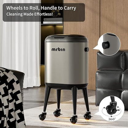 MRBIN Stainless Steel Slim Bathroom Motion Sensor Trash Can with Lid and Wheels, 13L / 3.4gal Electric Touchless Toilet Waste Basket with Legs for Narrow Vanity, Rvs, Dorm, Kitchen, Eclipse Grey