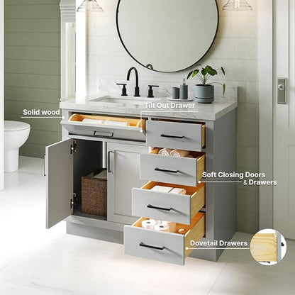 ARIEL Hepburn 42-inch Bathroom Vanity Base Cabinet,Solid Wood, 2 Soft Closing Doors, 5 Dovetail Drawers, Grey