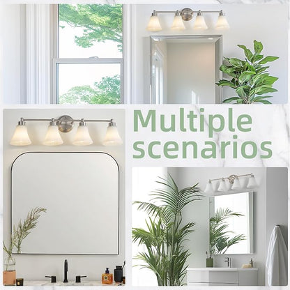 LOUSACE 4 Light Bathroom Vanity Light Brushed Nickel Bathroom Lighting Fixtures Over Mirror with Opal White Frosted Glass, Vintage Traditional Wall Lighting Fixture Satin Nickel Vanity Lights