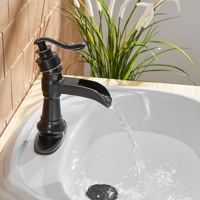 BWE Bathroom Sink Faucet Oil Rubbed Bronze Waterfall Bathroom Faucets for Sink 1 Hole Single with Pop Up Drain Assembly and Supply Hose Single Handle Farmhouse Vanity Bath Faucet