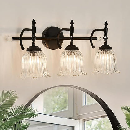 CVKASH 3-Light Bathroom Vanity Light Fixtures Over Mirror,Black Modern Vanity Light with Glass Shade Vintage Wall Sconce for Bedroom Dressing Room Living Room Hallway Cabinet