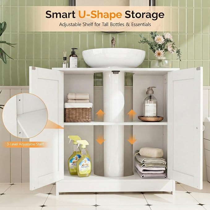 Bonnlo Pedestal Sink Storage Cabinet with 2 Doors Traditional Under Sink Cabinet Bathroom Space Saver Organizer with Adjustable Shelf White 23 5/8" W x 11 7/16" D x 23 5/8" H