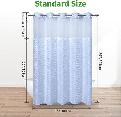 eachope no Hook Shower Curtain and Liner Set，Boho Style with See Through Top Window, Blue Fabric Tufted Striped Textured Outer Curtain & Waterproof Inner Liner, FrostBlue, 71Wx80H