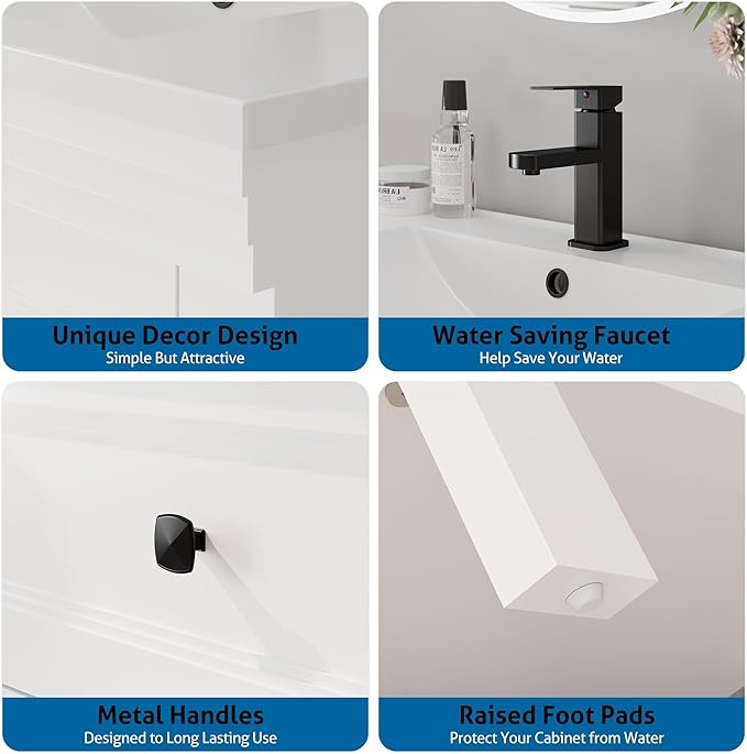 eclife 30" Bathroom Vanity with Sink Combo, Modern Painted Vanities Cabinet with Big Drawers, Opening Bottom Shelf, Raised Foot Pads, Include Undermount White Sink, Faucet & Drain, White