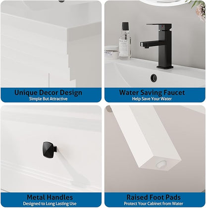 eclife 30" Bathroom Vanity with Sink Combo, Modern Painted Vanities Cabinet with Big Drawers, Opening Bottom Shelf, Raised Foot Pads, Include Undermount White Sink, Faucet & Drain, White