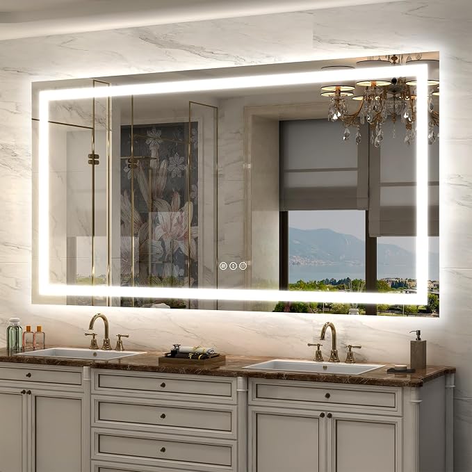 66x36 LED Lighted Bathroom Mirror for Vanity Wall | Front Light and Backlit, Anti-Fog, Memory, 3 Color, Tempered Glass, Dimmable, Rectangular, UL, Horizontal/ Vertical Mounted