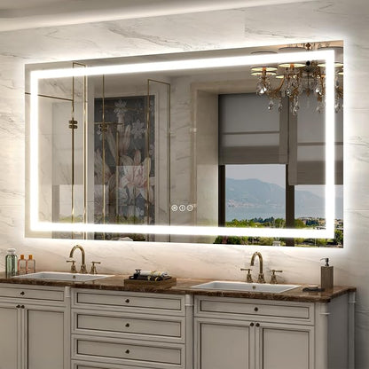 66x36 LED Lighted Bathroom Mirror for Vanity Wall | Front Light and Backlit, Anti-Fog, Memory, 3 Color, Tempered Glass, Dimmable, Rectangular, UL, Horizontal/ Vertical Mounted