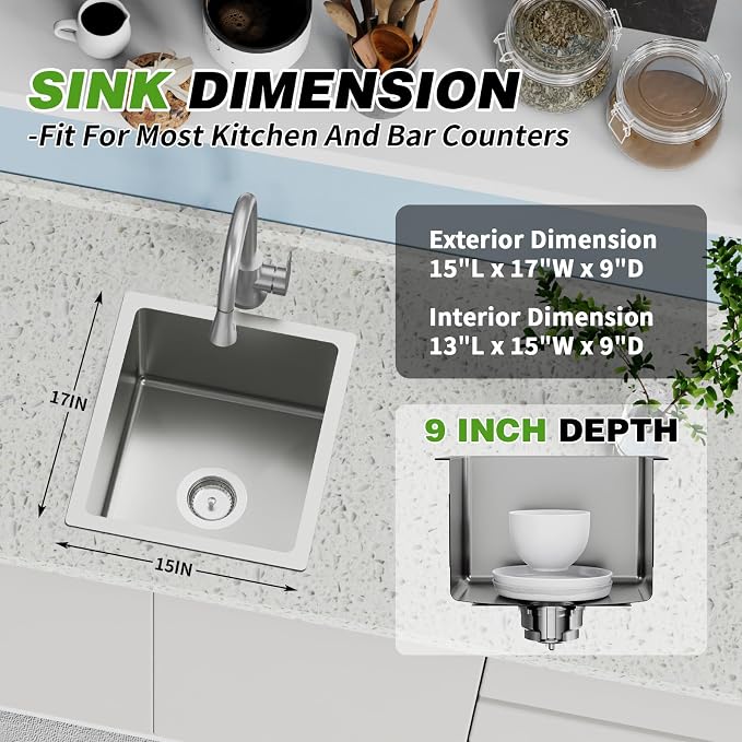 15x17 In Undermount Kitchen And Bar Sink- Stainless Steel Single Bowl Kitchen Sink Modern Drop In Bar Sink With Silicon Mat,Drain Strainer Set Compatibility With Various Kitchen & Bar Style