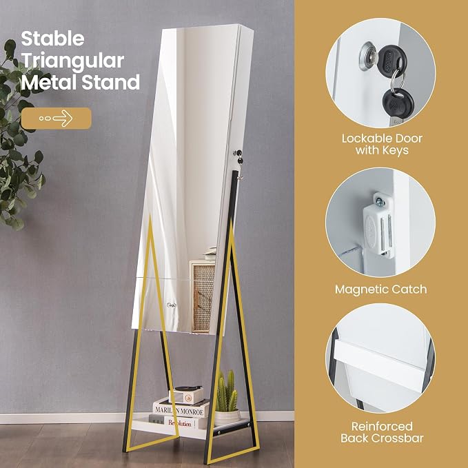 GOFLAME Standing Jewelry Cabinet Armoire, 65" Lockable Jewelry Storage Organizer with Full-Length Mirror, Inner Makeup Mirror with 3-Color LED Lights, Foldable Makeup Shelf, Bottom Shelf, White