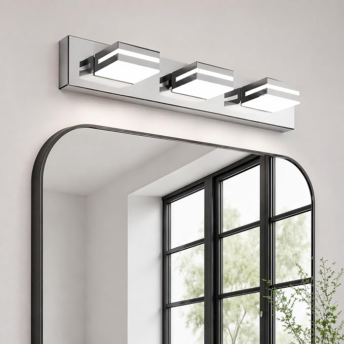 22" 3-Light Chrome Modern LED Bathroom Vanity Light Fixtures over Mirror | Rotatable Heads, 3 Color Temperatures, Wall Mount, Square Shape Design