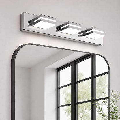 22" 3-Light Chrome Modern LED Bathroom Vanity Light Fixtures over Mirror | Rotatable Heads, 3 Color Temperatures, Wall Mount, Square Shape Design