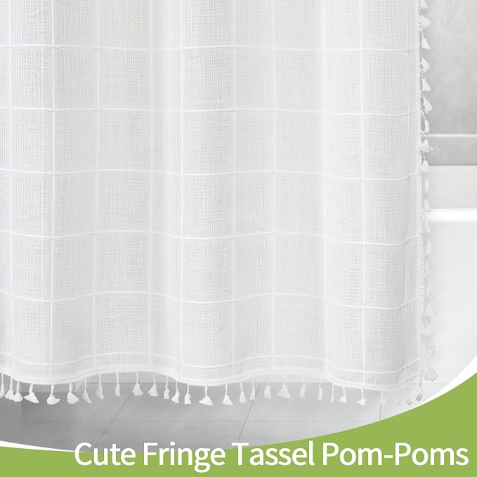 Small Stall Boho Farmhouse Shower Curtain for Bathroom 36x72 | Narrow Half French Country Plaid Tassel Shower Curtain, Rustic Aesthetic Bathroom Decor Windows Curtain, White