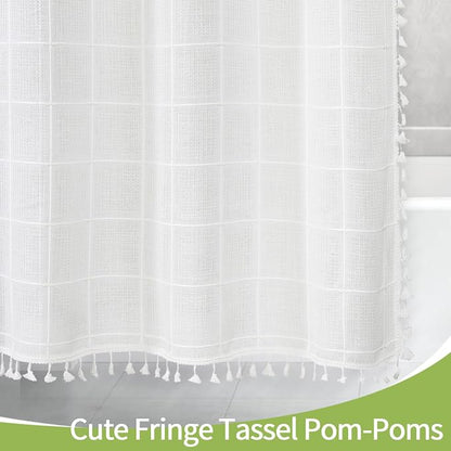 Extra Long Boho Farmhouse Shower Curtain for Bathroom 72x84 | Extra Long French Country Plaid Tassel Shower Curtain, Rustic Aesthetic Bathroom Decor Windows Curtain, White