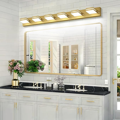 SineRise LED Modern Bathroom Vanity Light Fixtures (6-Light, 48-Inch, Dimmable), Brass Modern Acrylic Bathroom Wall Lighting Fixtures Over Mirror (Cool White 6000K)