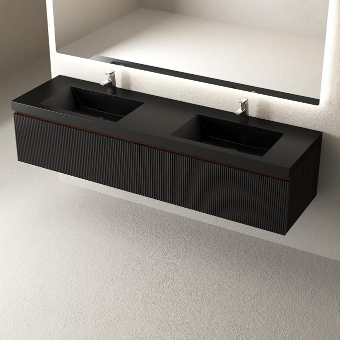 72 Inch Floating Bathroom Vanity with Double Sinks, Wall Mounted Striped Storage Cabinet, Soft Close Drawer, Black Quartz Sand Basin, Fully Assembled, Smoked Walnut Finish