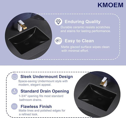 Undermount Bathroom Sink 20x15 Inch Small Bathroom Sink Black Porcelain Ceramic Bathroom Under Counter Lavatory Vanity Sink Basin Rectangular Undermount Sinks with Overflow