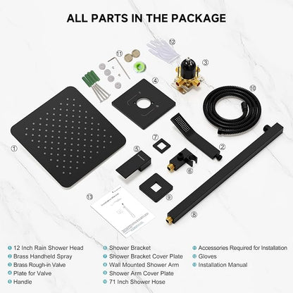SR SUN RISE Shower Faucet Set & System - 12 Inch Rainfall Shower Head & Handle Set Wall Mounted Matte Black Solid Brass Valve Trim Kit Included