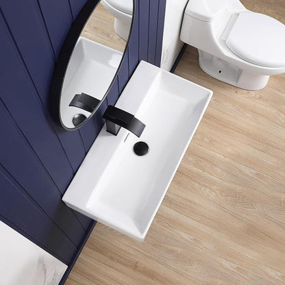 Wall Mount Bathroom Sink 28"x14" Small Vessel Sink Wall Mounted Rectangular Wall Hung Mini White Porcelain Ceramic Floating Tiny Sink with Overflow, Durable, Space-Saving, Ideal for Home,RV